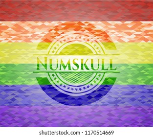 Numskull emblem on mosaic background with the colors of the LGBT flag