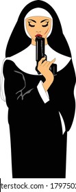nun in black robe with black pistol, vector and illustration