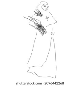 Nun carrying herbal bouquet. Hand drawn sketch. Black and white linear silhouette. Isolated vector illustration.