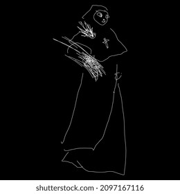 Nun carrying herbal bouquet. Hand drawn sketch. White silhouette on black background. Isolated vector illustration.