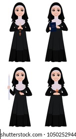 Nun cartoon character, set of four poses. Smiling catholic sister holds burning candle, holds bible, stands with praying hands and holds cross. Vector illustration on white background. 