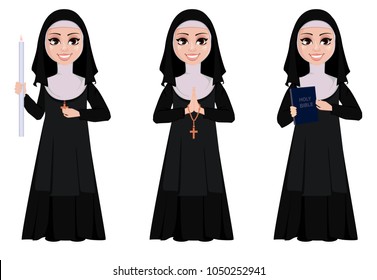 Nun cartoon character set. Smiling catholic sister holds burning candle, holds bible and stands with praying hands. Vector illustration on white background. 