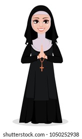 Nun cartoon character. Smiling catholic sister with praying hands and catholic rosary. Vector illustration on white background. 