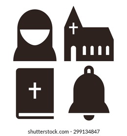 Nun, church, bible and bell icons. Church symbol set isolated on white background