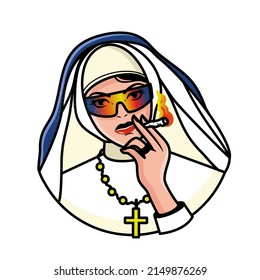 Nun with cigarette. Vector Illustration.