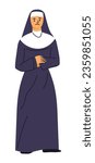 Nun clothes for Halloween, isolated woman wearing long dress apparel for contest or competition. Lady with rosary. Trick or treat, costume for holiday party celebration. Vector in flat style