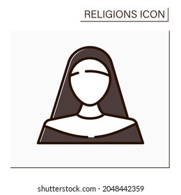 Nun color icon. Member of religious community of women. Living under vows of poverty, chastity, and obedience in enclosure of monastery.Religion concept. Isolated vector illustration