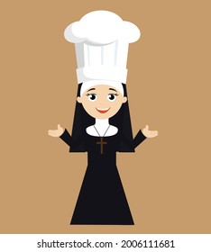 Nun as cook Flat Vector Cartoon Illustration