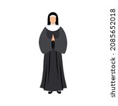 Nun. Female nun in black Catholic cassock. Icon, clipart for website, apps about religion, Catholicism, belief in God, holy spirit. Vector flat illustration, cartoon style.