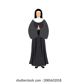 Nun. Female nun in black Catholic cassock. Icon, clipart for website, apps about religion, Catholicism, belief in God, holy spirit. Vector flat illustration, cartoon style.