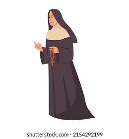 Nun. Female nun in black Catholic cassock. Icon, clipart for website, apps about religion, Catholicism, belief in God, holy spirit. Vector flat illustration, cartoon style.