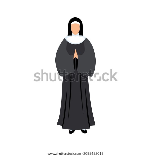 Nun. Female nun\
in black Catholic cassock. Icon, clipart for website, apps about\
religion, Catholicism, belief in God, holy spirit. Vector flat\
illustration, cartoon\
style.