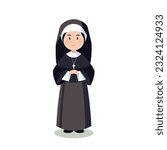 Nun flat isolated on white backgrund. Cartoon nun with a cross. Christian catholic religious. Vector stock