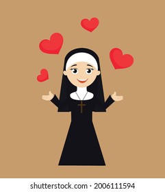 Nun Floating Hearts Flat Vector Cartoon Illustration