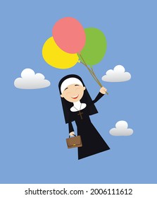 Nun Flying with balloons Flat Vector Cartoon Illustration