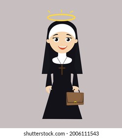 Nun Going to Work Flat Vector Cartoon