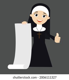 Nun Having Scroll List Flat Vector Cartoon Illustration