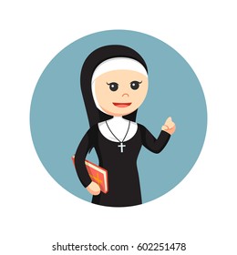 nun holding bible in circle background