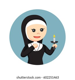 nun holding candle in circle background