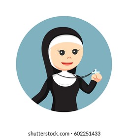 nun holding cross pendant in circle background