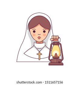 Nun Holding an Old Lamp Flat Line Minimalist Style Vector Illustration