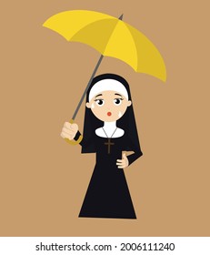 Nun holding Umbrella Flat Vector Cartoon Illustration
