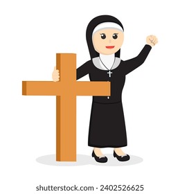 nun holding wooden cross design character on white background