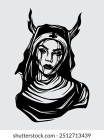 Nun with horn illustration clip art vector sticker tattoo t shirt design element print art editable