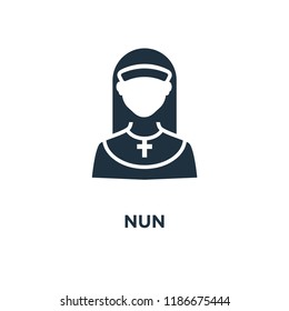 Nun icon. Black filled vector illustration. Nun symbol on white background. Can be used in web and mobile.