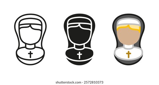 Nun icon. Christian woman vector illustration. Catholic female character. Religious woman dress symbol. Priestess clothes orthodoxy uniform. Holy sister church prayer symbol. Bible believer religion.