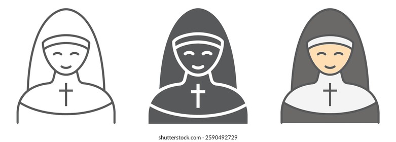 Nun icon collection, religion and prayer, sister icon set, vector graphics, a linear pattern on a white background, eps 10