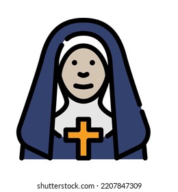 Icono de la pistola. Diseño de esquema relleno. Una monja sosteniendo una cruz. Nun reza a DIOS. Festividad de halloween. Ilustración vectorial.