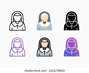 Nun icon set with line, outline, flat, filled, glyph, color, gradient. Editable stroke and pixel perfect. Can be used for digital product, presentation, print design and more.