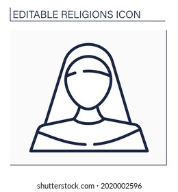 Nun line icon. Member of religious community of women. Living under vows of poverty, chastity, and obedience in enclosure of monastery.Religion concept. Isolated vector illustration. Editable stroke