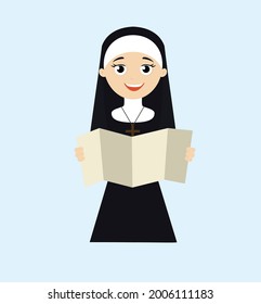 Nun Looking map Flat Vector Cartoon Illustration