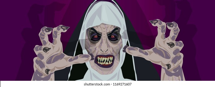 Nun nurse female possessed by the demon Halloween party costume reaching out hands to grab you