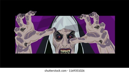 Nun nurse female possessed by the demon Halloween party costume reaching out hands to grab you