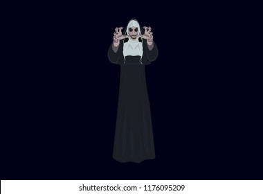 Nun nurse female possessed by the demon Halloween party costume reaching out hands to grab you