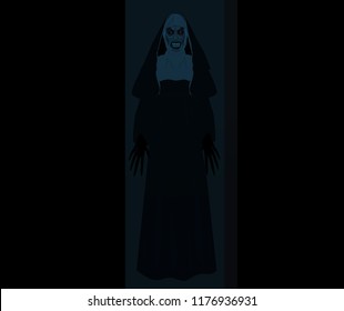 Nun nurse female possessed by the demon Halloween party costume reaching out hands to grab you