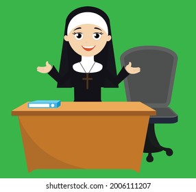 Nun in Office Flat Vector Cartoon Illustration