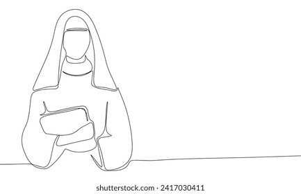 Nun one line continuous. Line art Christian nun, religion banner concept. Hand drawn vector art.