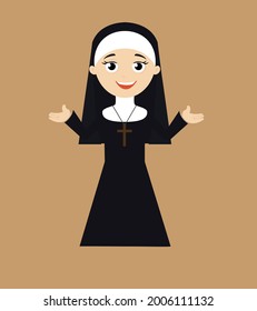 Nun Open Arms Flat Vector Cartoon Illustration