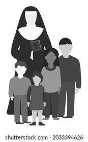 Nun and orphans. World Orphans Day. Retro portrait. Group of multi-ethnic children standing with nun. Old photo Colorless vertical vector illustration. Isolated on white background