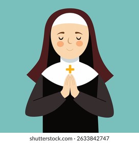 A freira está rezando. Caractere de desenho animado 