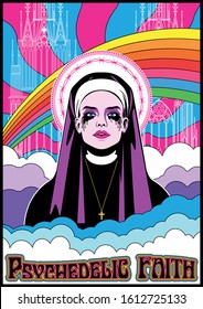 Nun Psychedelic Art Style Poster, Bright Colors, Rainbow, Clouds