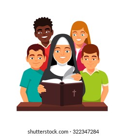 Nun is reading Holy Bible to mixed race teen children. Flat style vector illustration isolated on white background.