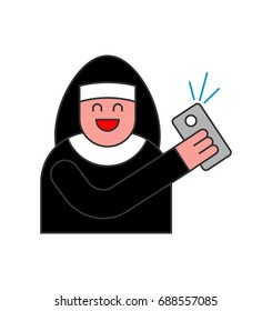 Nun of Selfie. Catholic religious woman photographed on phone
