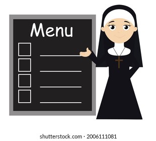 Nun Showing Menu Board Flat Vector Cartoon Illustration