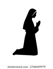 Nun silhouette kneeling, praying, expressing devotion and faith