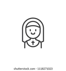 Nun smiling outline icon. linear style sign for mobile concept and web design. Profession simple line vector icon. Symbol, logo illustration. Pixel perfect vector graphics